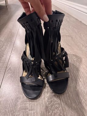 Jimmy Choo Black Fringe Open-Toe High Heel Sandals
